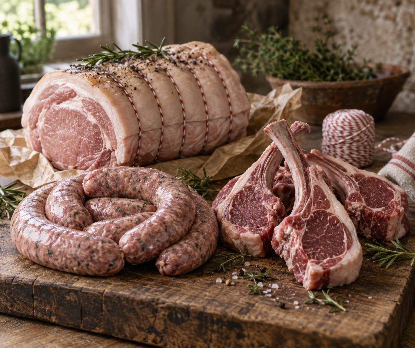 Roasting joint, sausages and lamb chops from the butchery