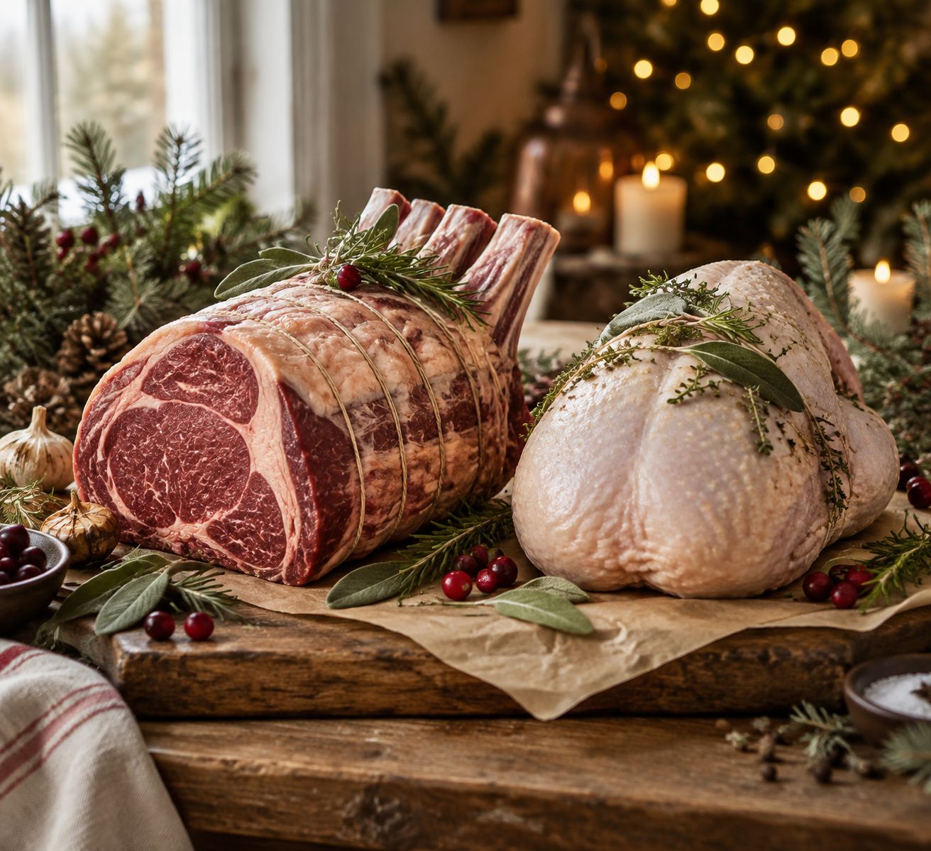 A rib of beef and turkey crown dressed with herbs, cranberries and pine for Christmas