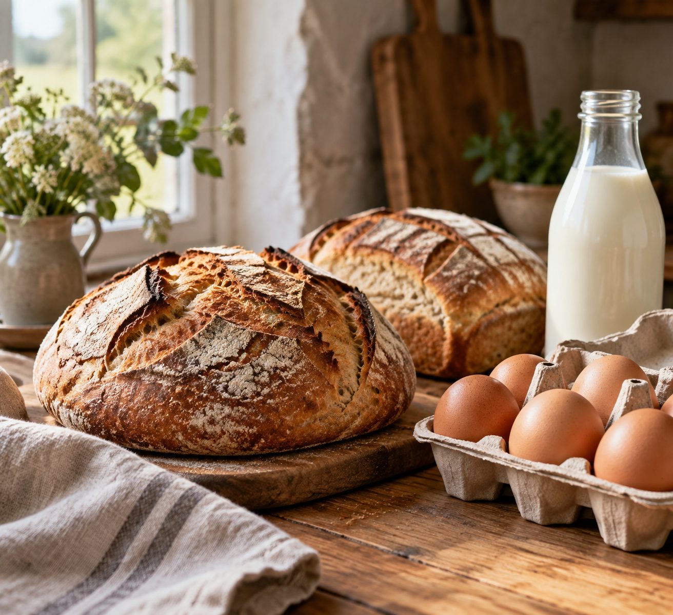 Fresh loaves, free-range eggs and a bottle of milk