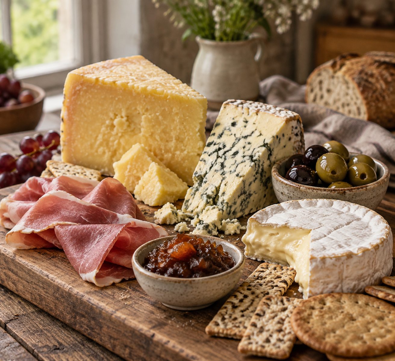 Cheeses, sliced ham, olives and chutney on a board