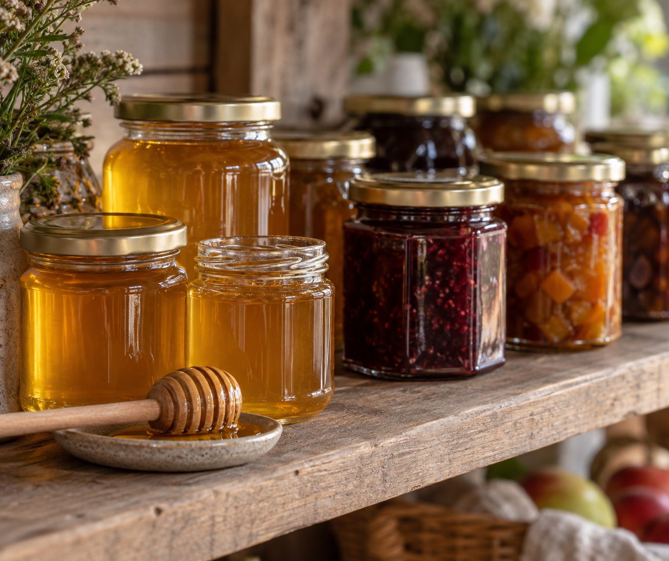 Jars of golden honey, jam and chutney on a shelf