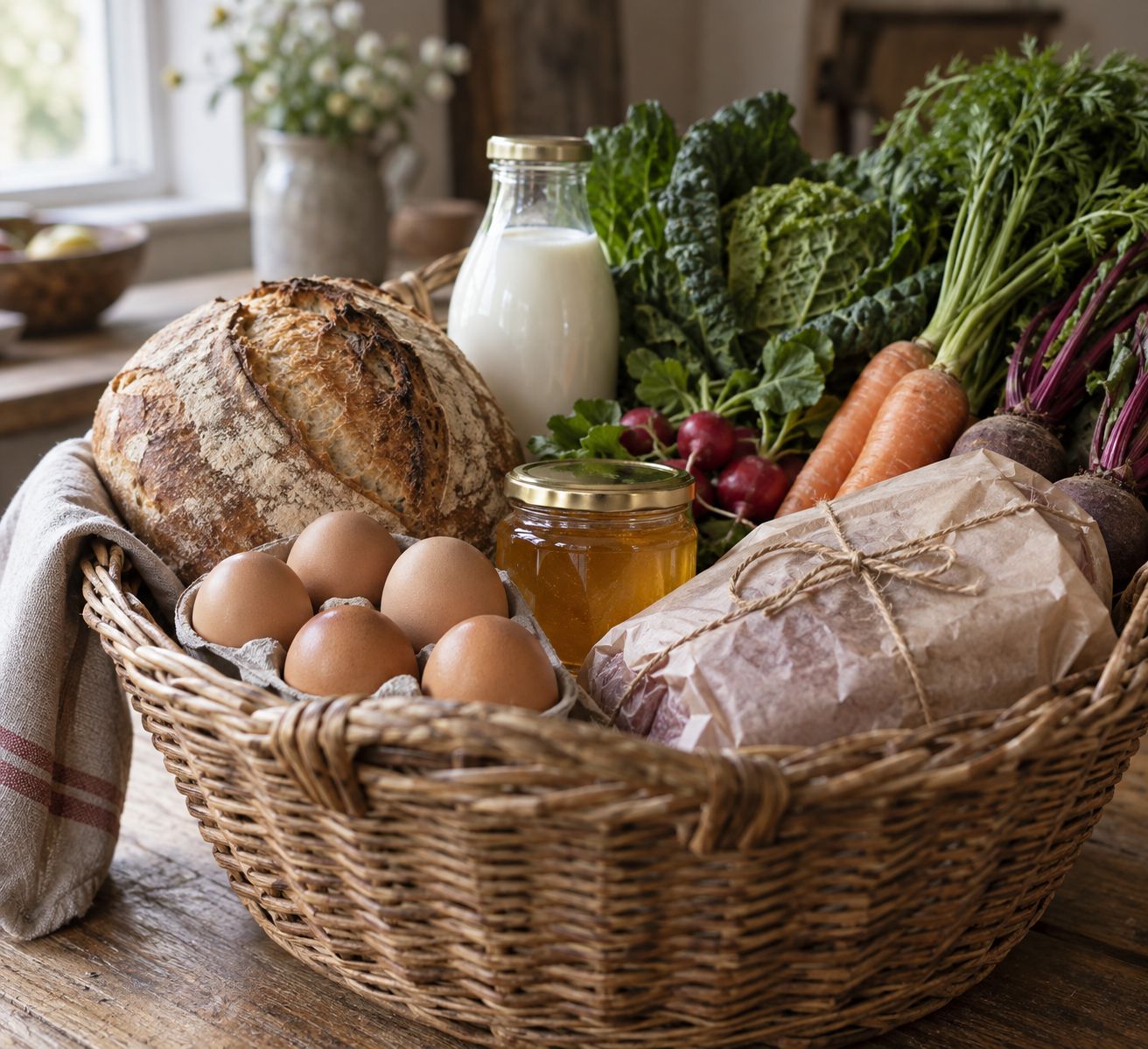A basket of farm shop produce: bread, eggs, milk, honey, vegetables and a butcher's parcel