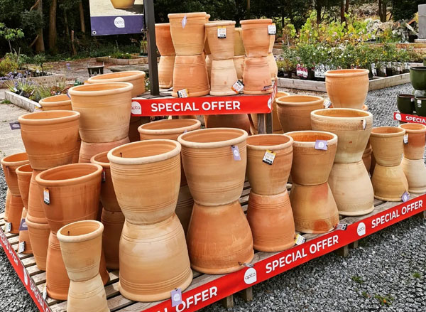 Terracotta pots on display in the garden centre