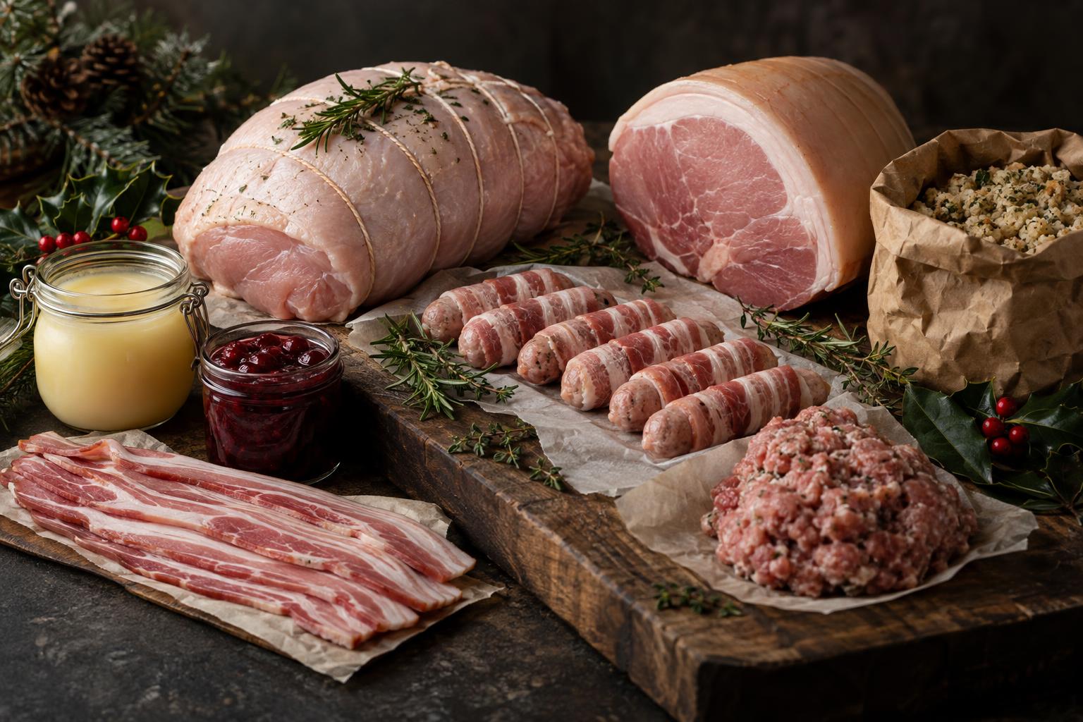 The contents of The Christmas Table: boneless turkey breast, gammon, pigs in blankets, sausage meat, bacon, stuffing mix, goose fat, cranberry sauce