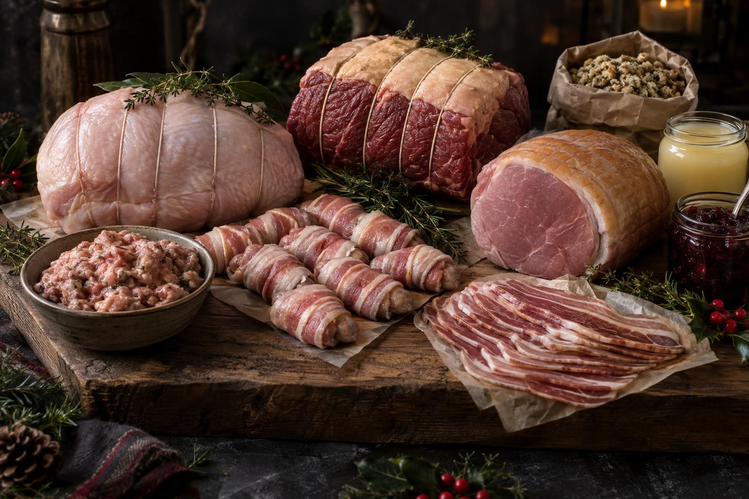 The contents of The Family Feast: boneless turkey breast, topside beef, gammon, pigs in blankets, sausage meat, bacon, stuffing mix, goose fat, cranberry sauce