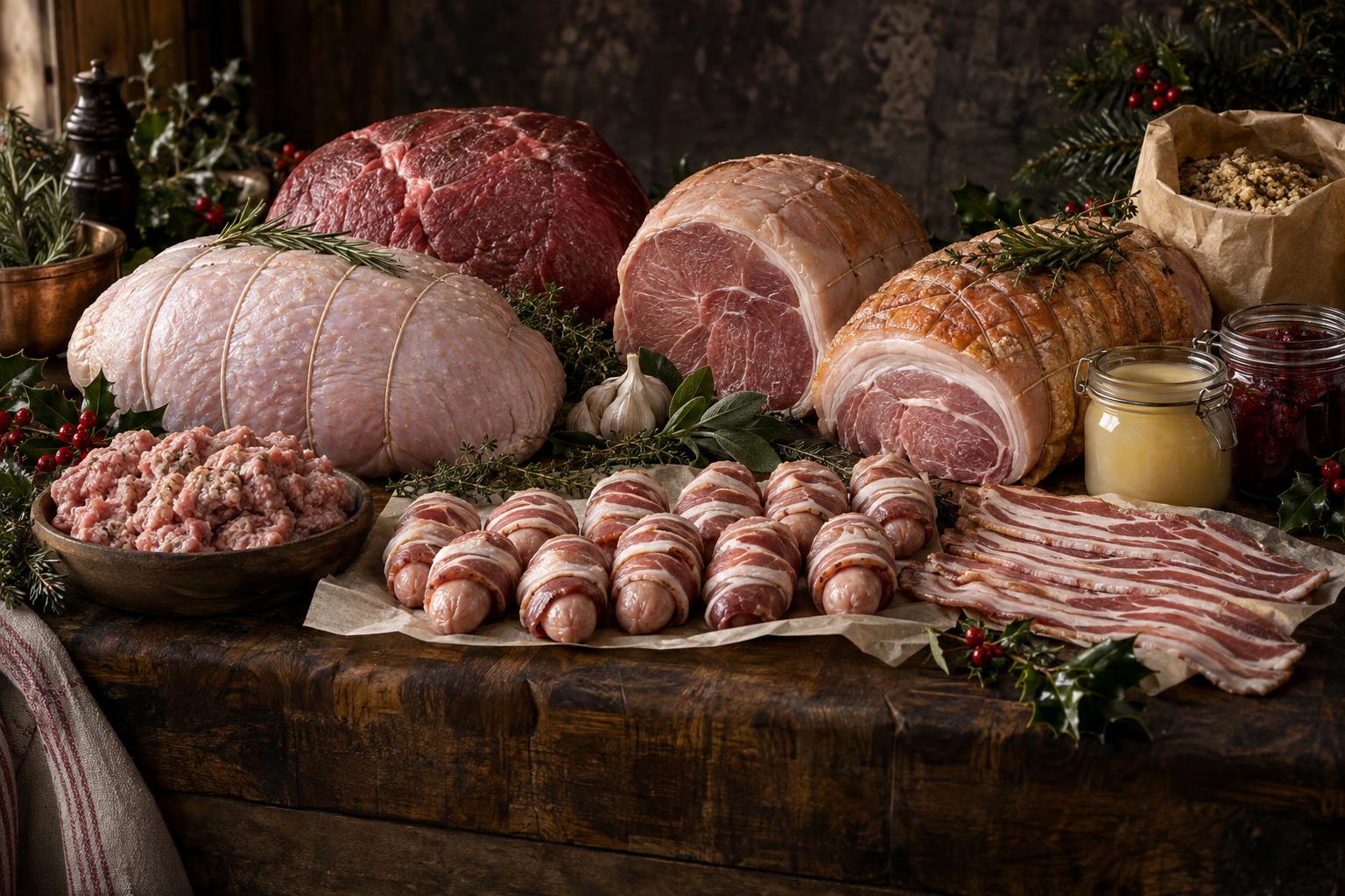 The contents of The Yuletide Celebration: boneless turkey breast, topside beef, gammon, rolled pork loin, pigs in blankets, sausage meat, bacon, stuffing mix, goose fat, cranberry sauce
