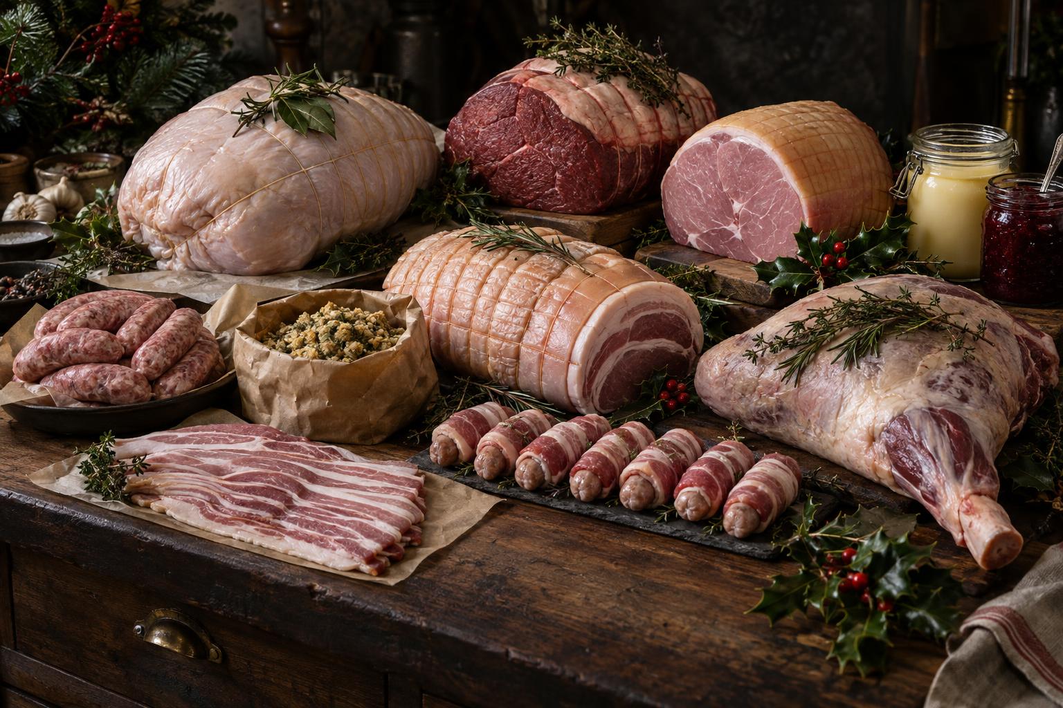 The contents of The Christmas Banquet: boneless turkey breast, topside beef, gammon, rolled pork loin, bone-in leg of lamb, pigs in blankets, sausage meat, bacon, stuffing mix, goose fat, cranberry sauce