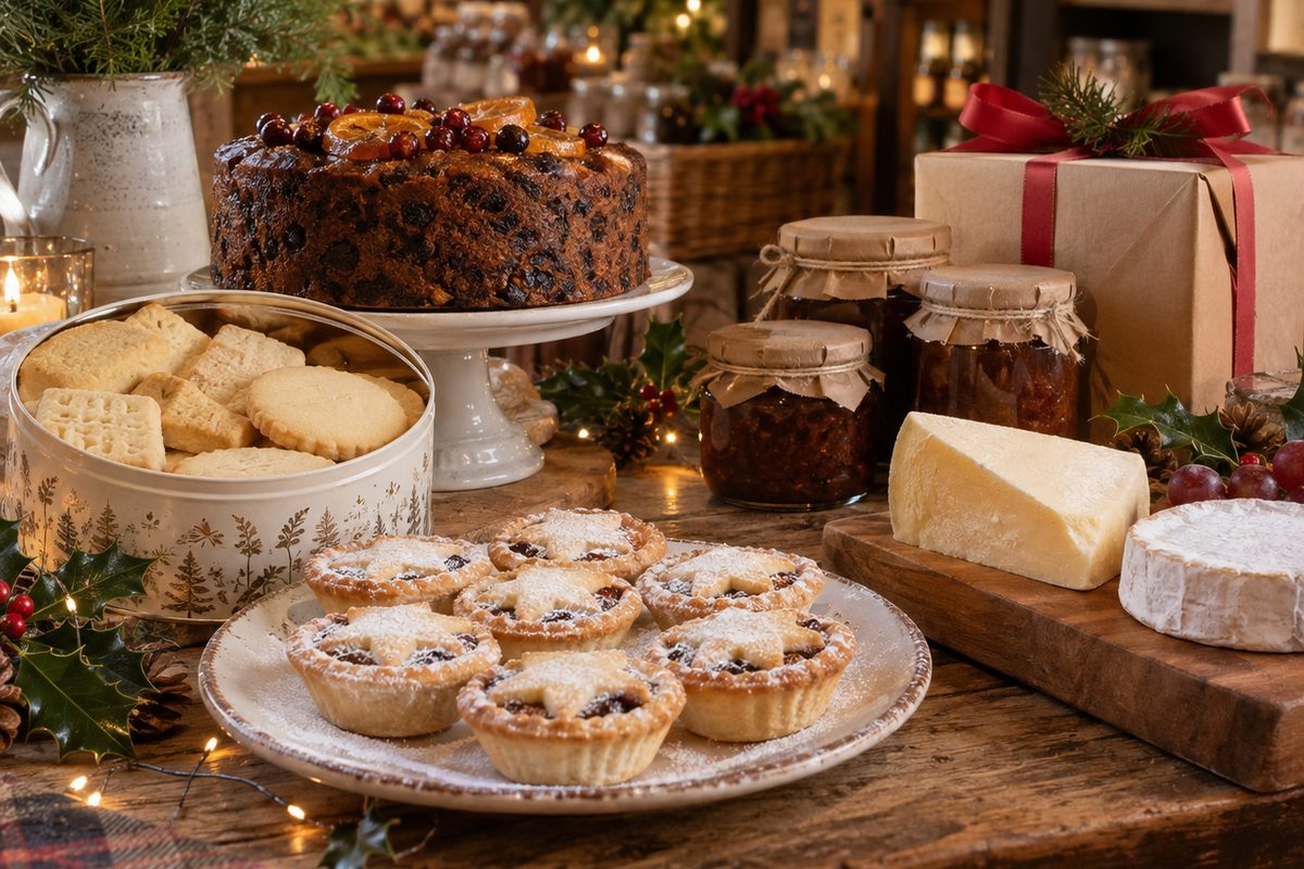 Mince pies, Christmas cake, shortbread, cheeses, chutneys and a wrapped gift on a wooden table