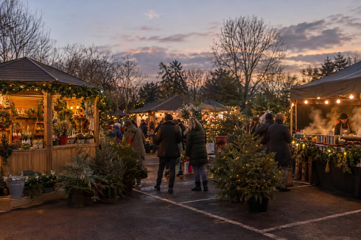 Christmas market stalls with festoon lights and a hot food stall