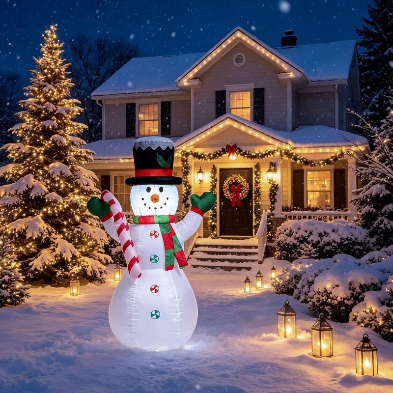 An inflatable snowman in front of a snowy house