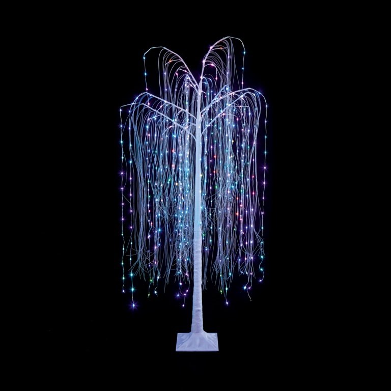 A white light-up willow tree with colourful lights