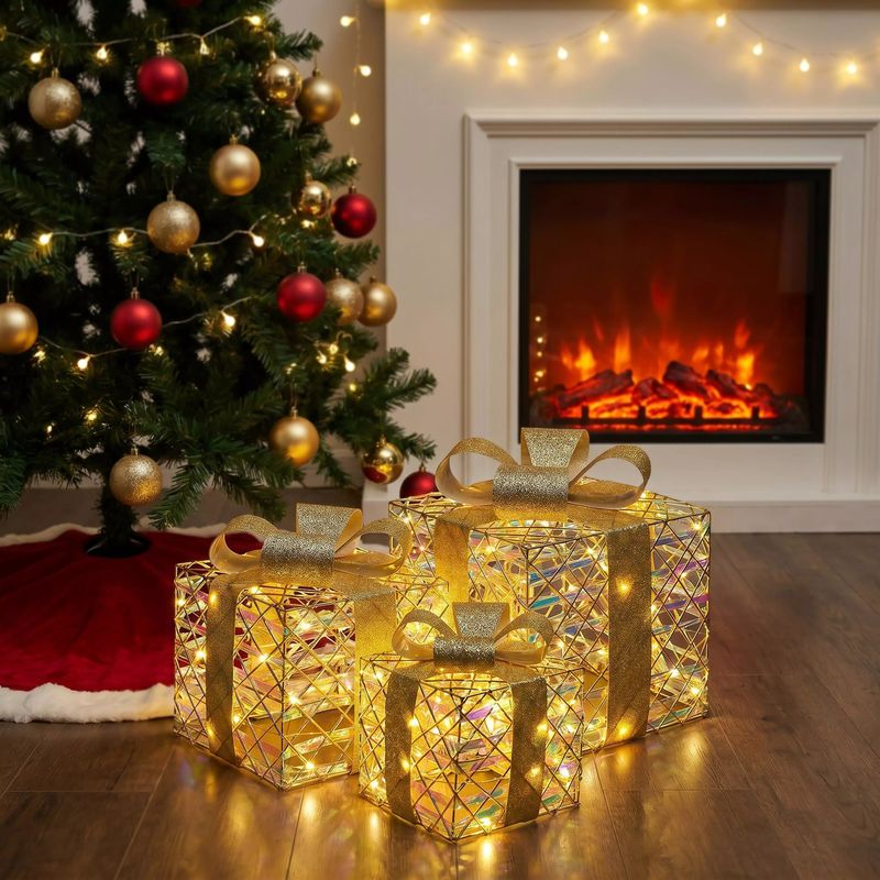 Gold light-up presents under a Christmas tree