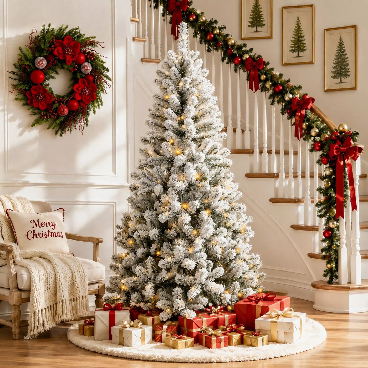 A snow-flocked artificial Christmas tree in a hallway