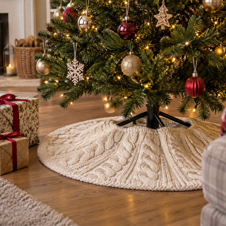 A cream knitted tree skirt around a Christmas tree in a black metal stand